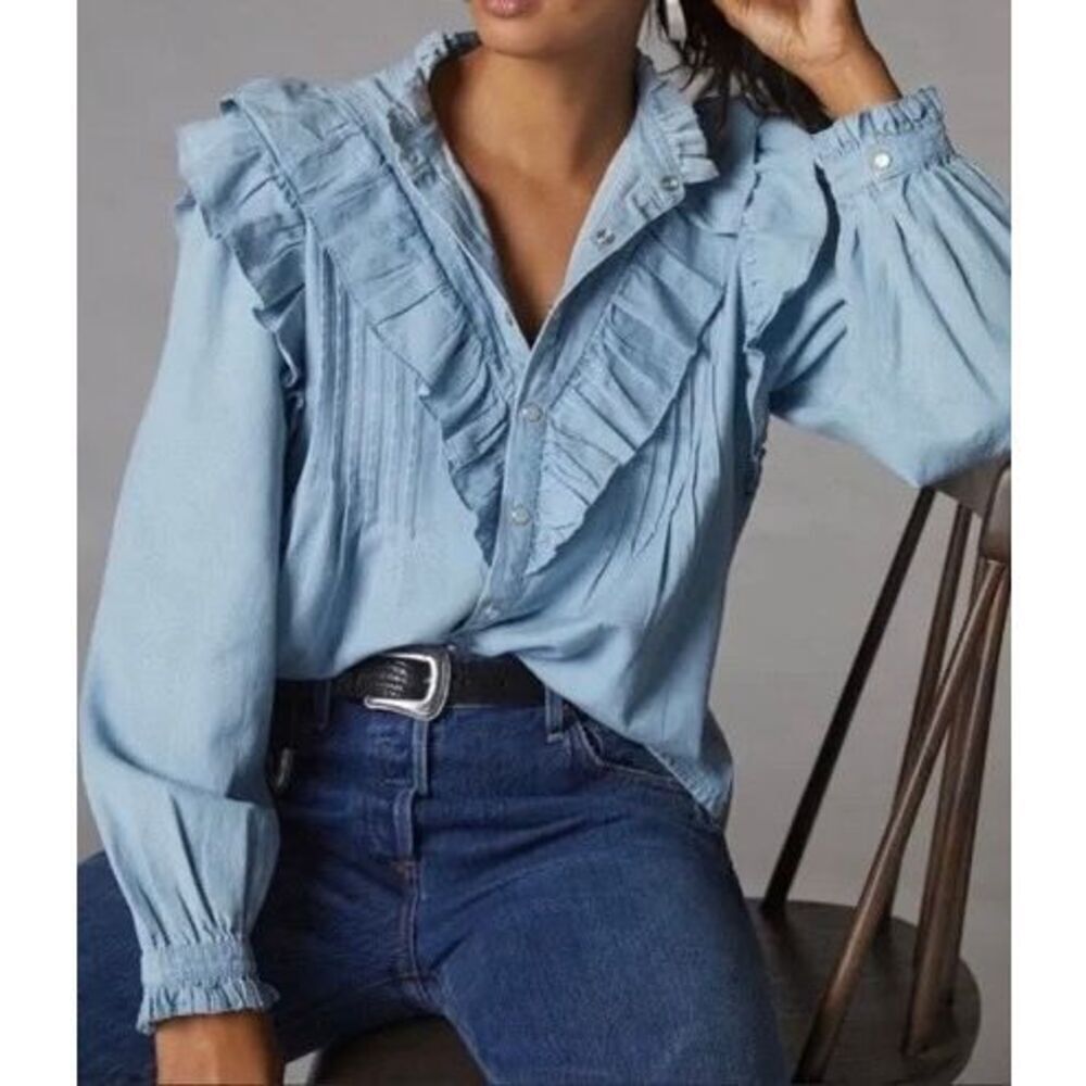 Anthropologie Love the Label Ruffle Yoke Chambray Denim Snap Front Shirt XS